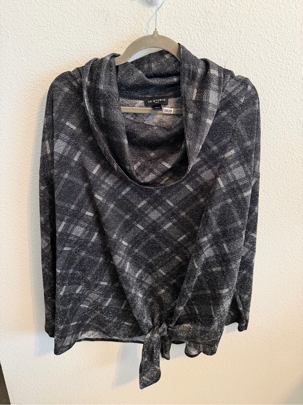I.N. Studio Black & Gray Plaid Cowl-Neck Tie-Hem Sweater